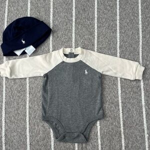 Ralph Lauren Gray and Cream Baby Bodysuit PLUS Navy Blue Ralph Lauren Hat